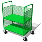 Wózek koszowy półotwarty na czasopisma nr 11 w kolorze zielonym.
Stoi na czterech obrotowych półkach, dwa kółka wyposażone w hamulce.