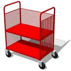 Wózek koszowy półotwarty na czasopisma nr 11 w kolorze czerwonym.
Stoi na czterech obrotowych półkach, dwa kółka wyposażone w hamulce.